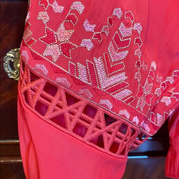 Ramy Brook Vibrant Red Blouse with Embroidered Sleeves, MEDIUM - Picture 4 of 8